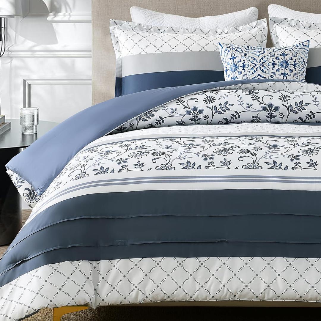 Finlonte Navy Comforter Set King Size - Cotton Boho Blue Striped Pleated Bedding Set, Floral Pattern Soft Duvet Insert, Skin Friendly Reversible Comforters with 2 Pillowshams, Navy Blue/White