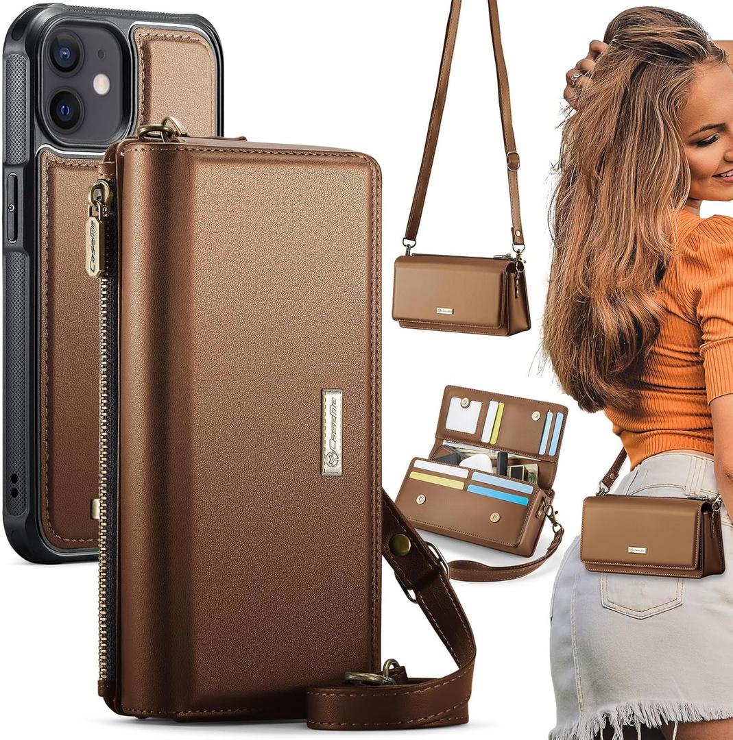 CaseMe 2-in-1 Detachable for iPhone 12/ Pro Crossbody Wallet Case with RFID Blocking 10-Card Holder for Woman, PU Leather Wrist Strap Zipper Purse Wallet Phone Case for iPhone 12 & 12 Pro 6.1", Brown