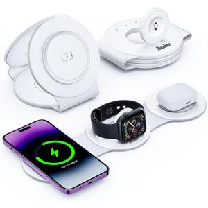 Hicober 3 in 1 Wireless Charging Station for iPhone 15, Magnetic Foldable Travel Charger Station Stand 18W for iPhone Air 17 16 15 14 13 12 Pro/Max/Plus/Apple Watch All Series & Airpods (White)