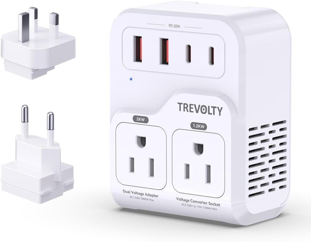 2000W Voltage Converter US to Europe for Hair Dryers, 7-in-1 220V to 110V Converter for European Travel with 3 AC/2 USBA/2 USBC Ports (PD20W), Universal Travel Adapter with Type C G Plug (White)