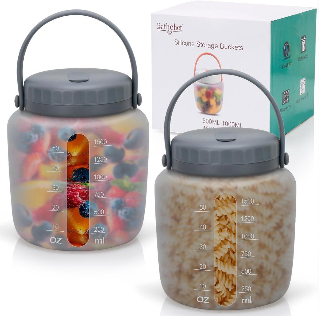 Airtight Silicone Food Storage Containers Set - Leakproof Food Canister Jars of 2 with Vent Lid,Handle for Outdoor,Safe Foldable Reusable,Salad Freezer Storage Container,Dishwash Micro Safe,Gray