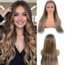 Chocolate Brown with Ash Blonde Highlight Lace Front Wig Human Hair, 13x4 HD Lace Frontal Real Human Hair Wig for White Women Pre Plucked Straight 180% Density Brazilian Remy Glueless Wigs 16 Inch