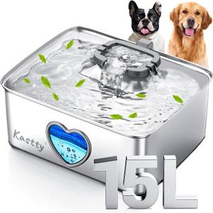 Kastty Large Dog Water Fountain, 15l/4gal Stainless Steel AUTO Pet Water Bowl Dispenser Indoor, 5-Stage Filtration, Dual-Color LED, Visual Window, Quiet, for Large Medium Dogs & Multi-Pet, FS80
