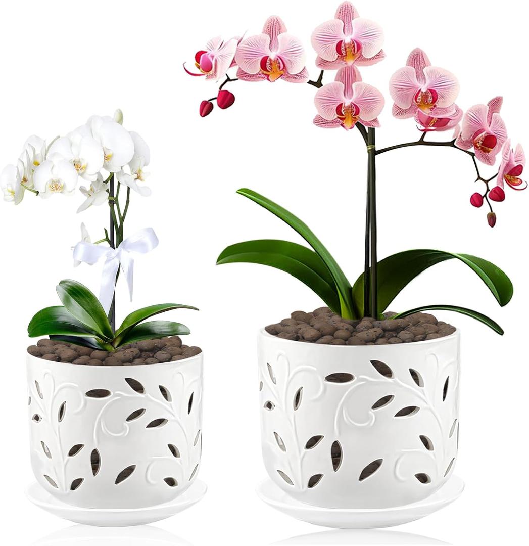 BUYMAX 5 inch&6 inch Orchid Pots with Holes & Removable Trays, White Ceramic Pots for Plants, Effective Drainage and Ventilation for Orchid Root Health to Assist New Plants or Repotting 2 Pack