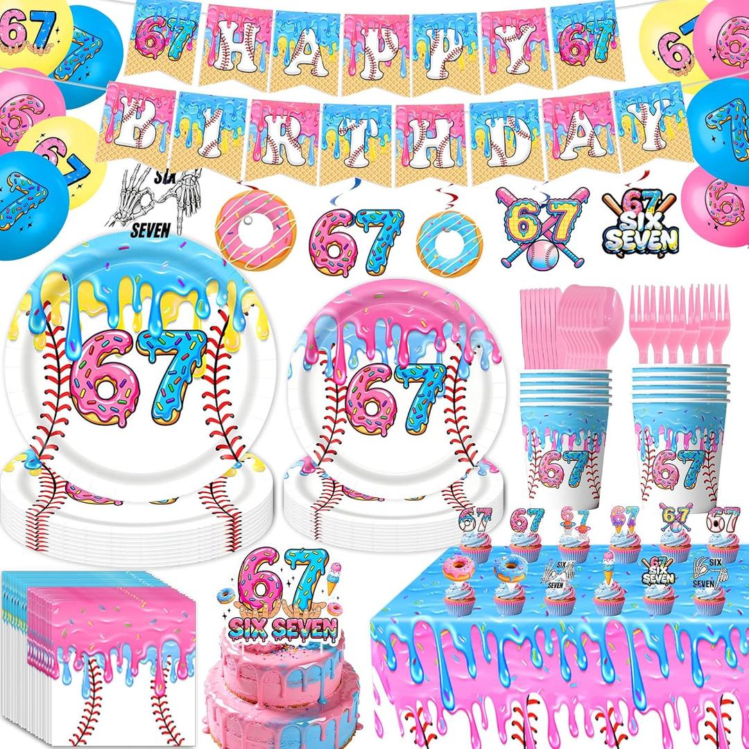 131pcs 6 7 Birthday Decorations, 67 Birthday Decorations | 6 7 Birthday Theme Set: Banner,Tablecloth,Cake Topper,Cupcake Toppers,Balloons,Cups,Napkins,Plates & Forks