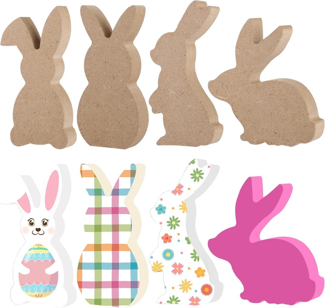 12 Pcs Easter Bunny Wood Signs Unfinished Rabbit Wood Blocks Mini Wooden Table Signs Bunny Wooden Cutout for Easter Spring DIY Crafts Table Centerpieces Holiday Party Supplies