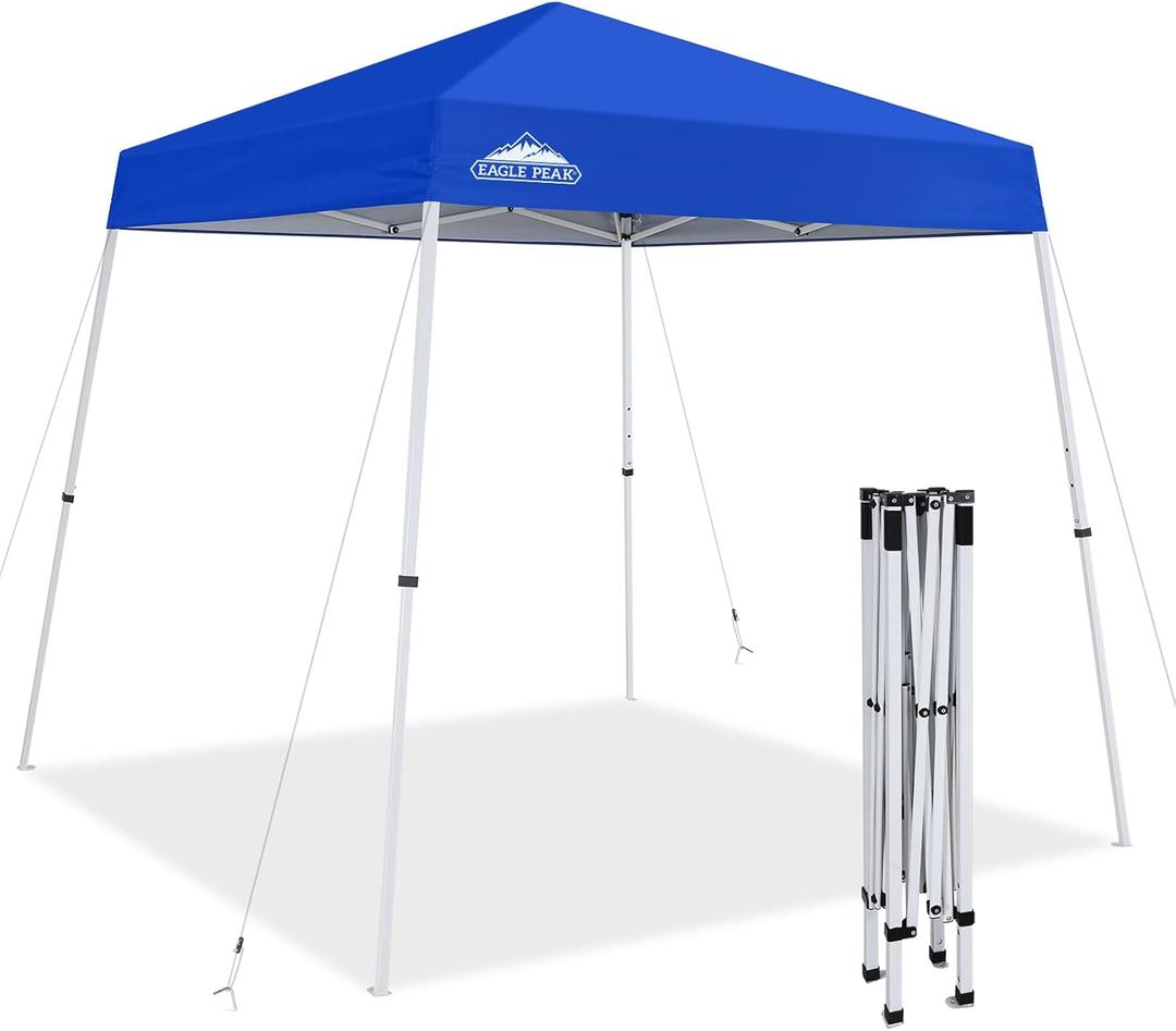 EAGLE PEAK 8x8 Slant Leg Pop-up Canopy Tent Easy One Person Setup Instant Outdoor Beach Canopy Folding Portable Sports Shelter 8x8 Base 6x6 Top (Blue)