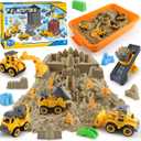 YIDESTARS Construction Sandbox with Lid - 4 Vehicles with 1 Conveyor, 8 Castle Molds, 6 Figures & 3lbs Moldable Sand - Preschool Sensory Bin for Fine Motor Skills, Ages 3-6