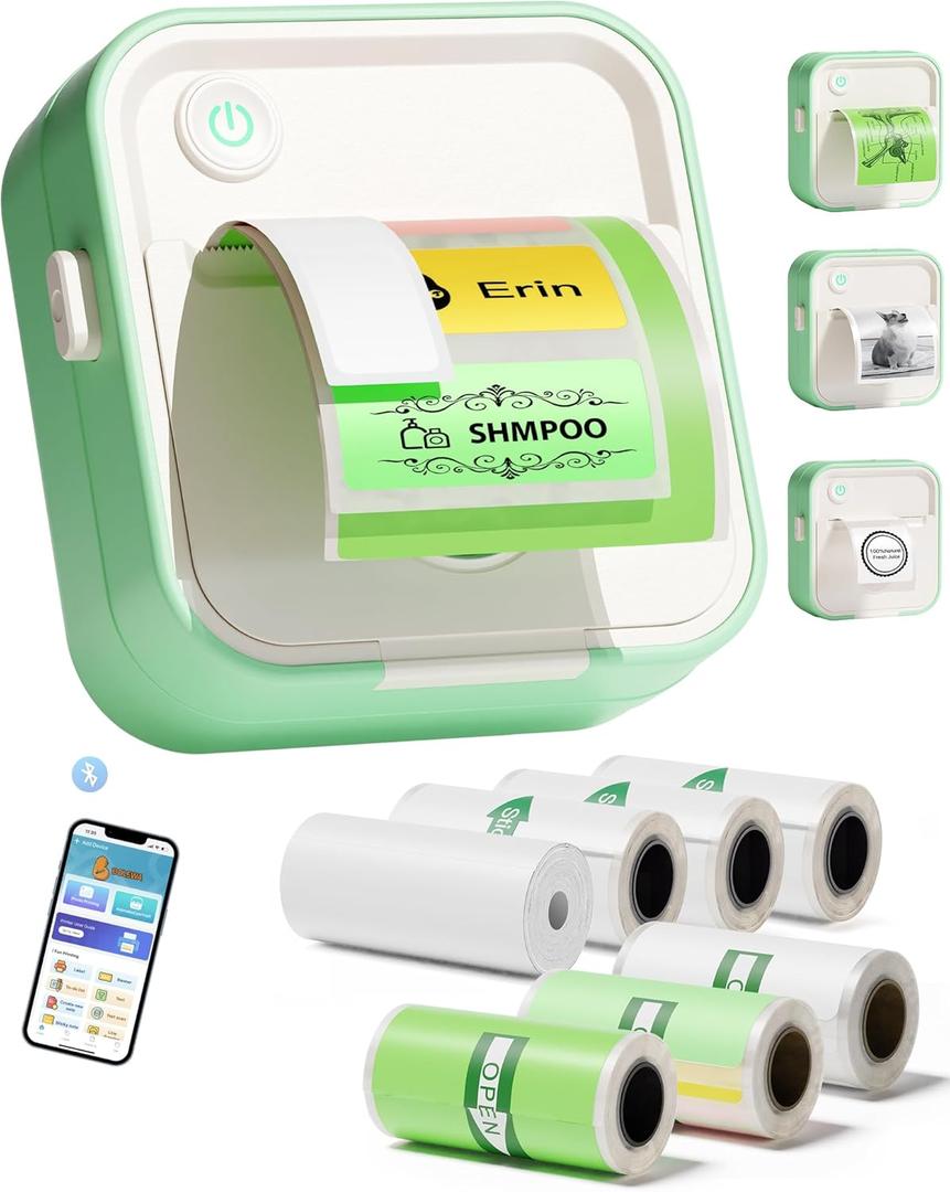 Label Maker Machine, HD Mini Sticker Printer with 7 Rolls Paper, Portable Thermal Print Pod Supports 12-57mm Papers, Bluetooth Pocket Printer for Home, Kitchen, School (Green)