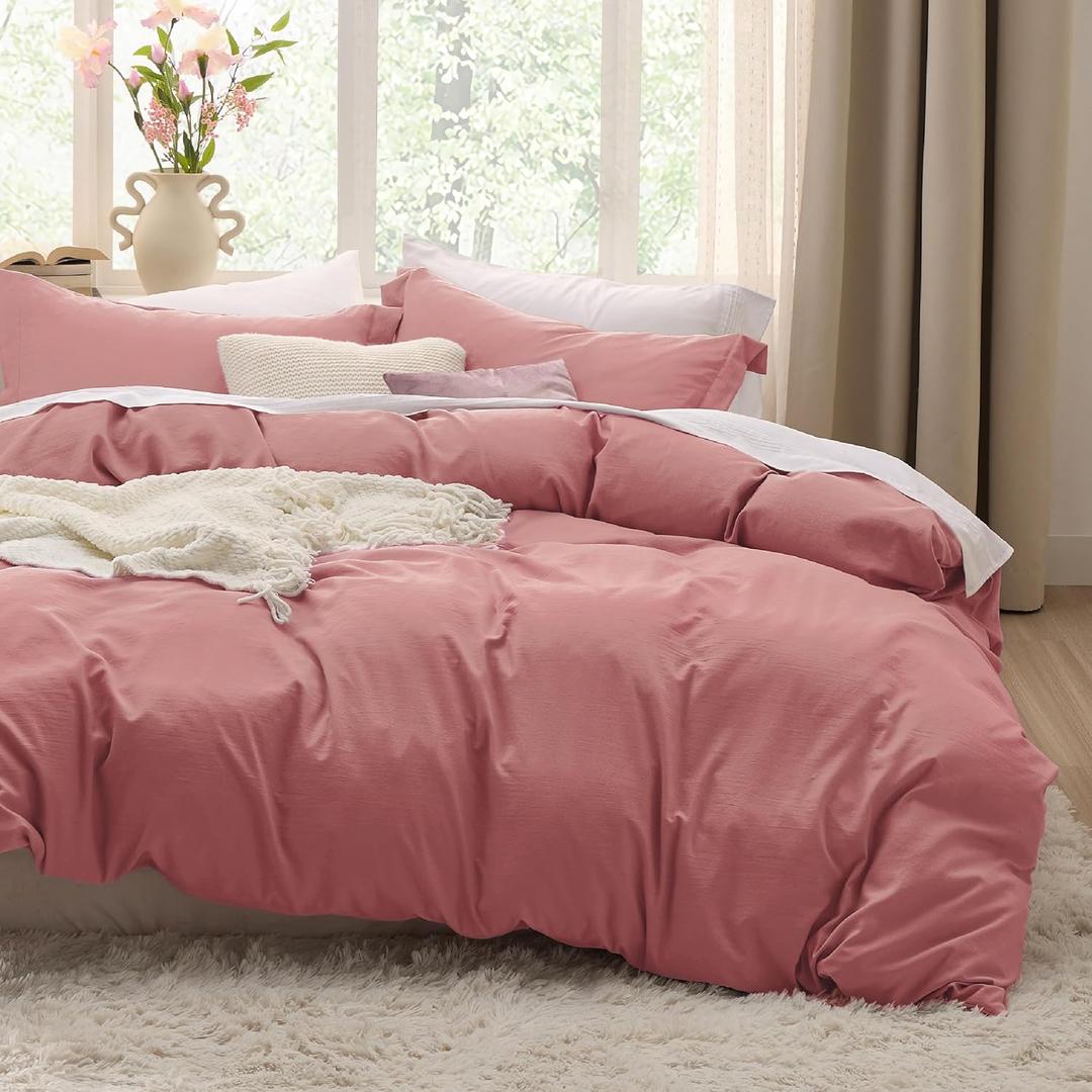 Bedsure Pink Clay Duvet Cover Queen Size - 3 Pieces Prewashed Cotton-Like Extra Soft Bedding Set, Includes 1 Duvet Cover 90x90 Inches with Zipper Closure & 2 Pillow Shams, Comforter Not Included