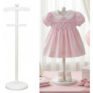 Bucherry 1 Pack Baby Clothes Display Stand Wooden Baby Shower Centerpiece Adjustable Height Circle Shaped Dress Hanger Doll Dress Outfit Stand Rack Hand Assembled Hangers Display Set (White Color)