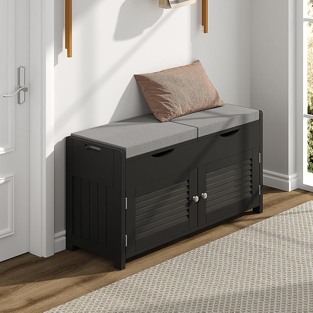 ChooChoo Shoe Storage Bench with Lift Top Storage, Entryway Bench with 2 Cushioned Seats, 3 Compartments, Adjustable Shelf, Shoe Cabinet for Entryway, Bedroom, Living Room, Black (13.78"D x 29.53"W x 19.69"H)