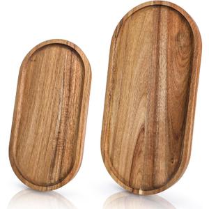 Elsjoy Set of 2 Acacia Wood Serving Trays, Long Wooden Serving Platter Oval Charcuterie Board Set for Home Decor, Fruit, Cheese, " "  " ."