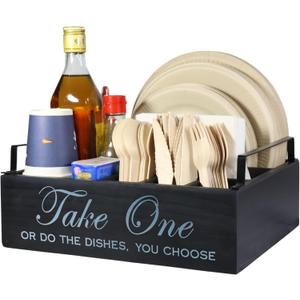 Paper Plate Holder Utensil Caddy Organizer - Rustic Wood Disposable Plate Dispenser with Handles for Cups, Forks, Spoons, Napkins and Silverware Holders (handle paper plate holder)