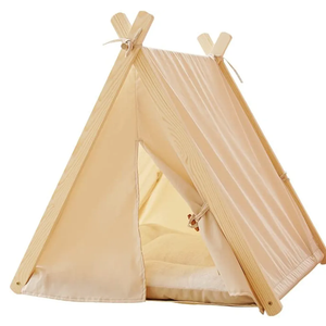 Solid Wood Cat Indoor Tent with Thick Mat, Portable Dog House Dog Teepee Tent, Cute Cat Teepee Cave Cat Bed,Dog Bed (Off White, M)