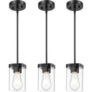 Modern Pendant Light Fixtures 3-Pack, Matte Black Pendant Lights Kitchen Island with Square Transparent Glass, Glass Pendant Light for Dining Room, Bedroom, Living Room, Hallway