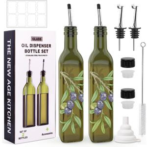COOLMI Oil and Vinegar Dispenser Set - 17oz/500ML Premium Glass Olive Oil Dispenser Bottles for Kitchen, Oil Dispenser for Kitchen (Olive)