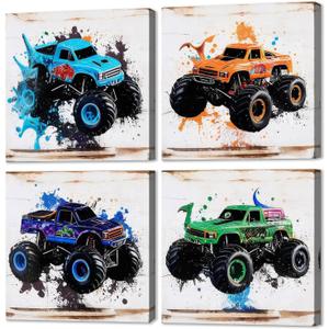 The Mode Art Monster Truck Wall Art 4 Pieces Prints for Kids Rooms Home Decor Canvas Artwork Painted truck Theme Photos Wall Decor in the Boy's Bedroom Each Size: 12"x12"