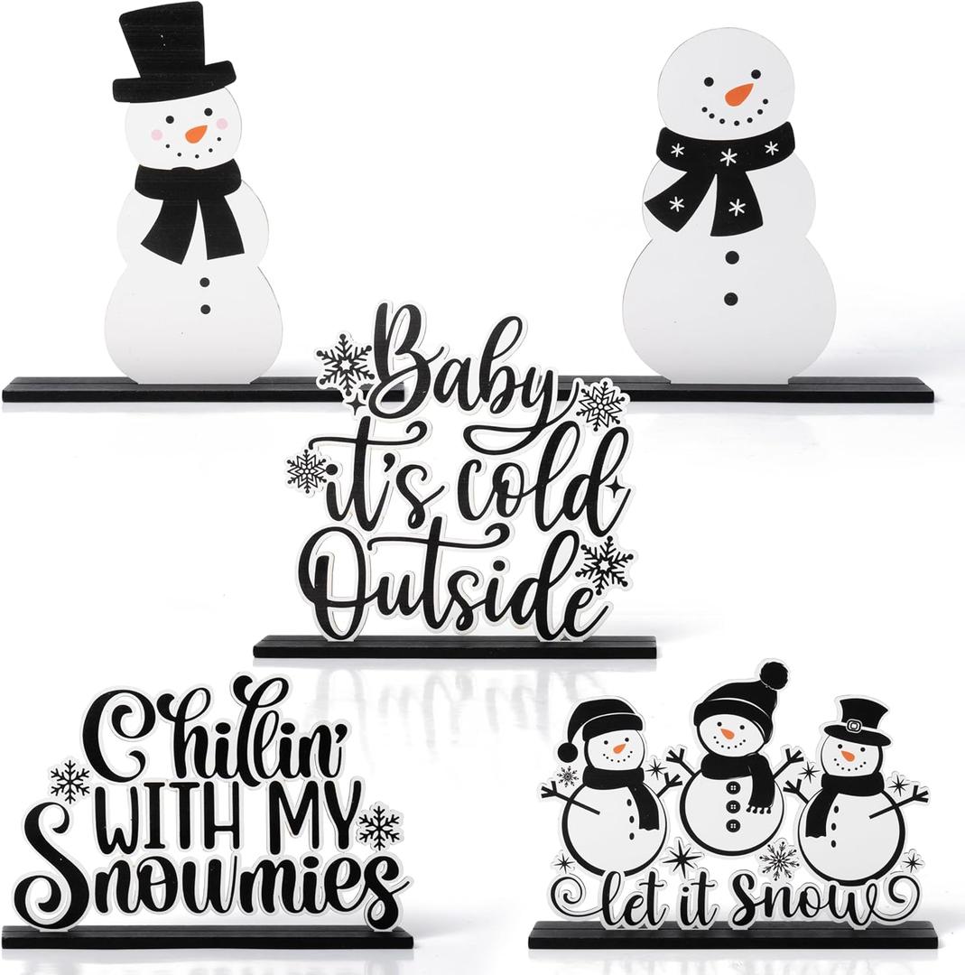 CPicdn 5Pcs Winter Christmas Tiered Tray Decor Centerpieces, Snowman Snowflakes Wood Sign Farmhouse Rustic Table Topper Decoration Black White Let It Snow Holiday Supplies for Home Office Desk Shelf