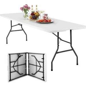 FDW 8FT Folding Table, Portable Fold-in-Half Plastic Picnic Party Table with Carrying Handle (White, 8FT)