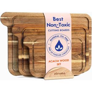 Ziruma Non Toxic Cutting Boards with Holder - Cutting Board Set Free of Mineral Oil, Made of FSC Acacia Wood - Cutting Boards for Kitchen - Includes 3 Chopping Boards + Holder