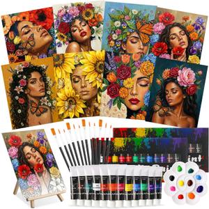 Cholemy 36 Pcs Paint and Sip Kit for Adults 8''x10'' Pre Drawn Canvas for Painting DIY Afro Acrylic Painting Kit Wood Easel Brushes Date Night Bulk for Father's Day Party Gifts(Floral Lady)
