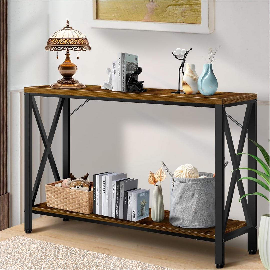 Industrial Console Table for Entryway, Rustic Console Table Behind Couch, 2 Tier Sofa Tables for Home Living Room, Hallway, Entrance, with Metal Frame 47 Inch