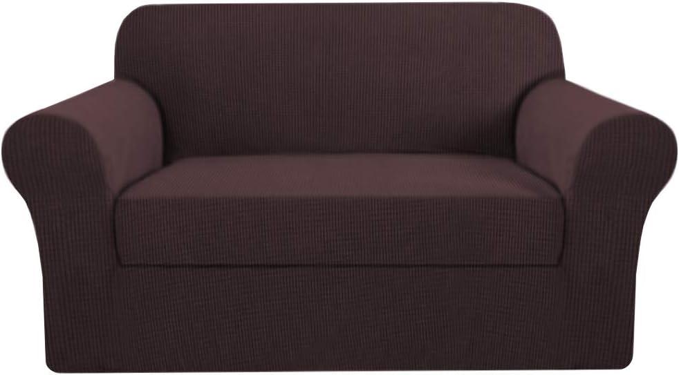 H.VERSAILTEX 2 Separate Pieces Stretching Loveseat Slipcover/Furniture Cover Love Seat, Thick and Durable Jacquard Covers Suit for T Cushion/Box Cushion, Easy to Put on (Loveseat, Brown)