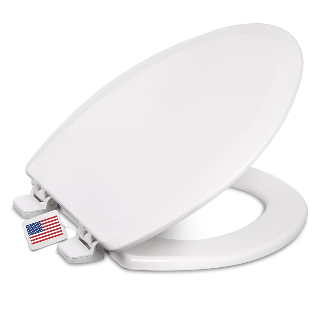 Centoco Elongated Toilet Seat, Heavy-Duty Wood Core with Plastic Scratch-Resistant Finish, Residential, Made in the USA, DSAMAZ9-301, Crane White (Cotton/Bright)
