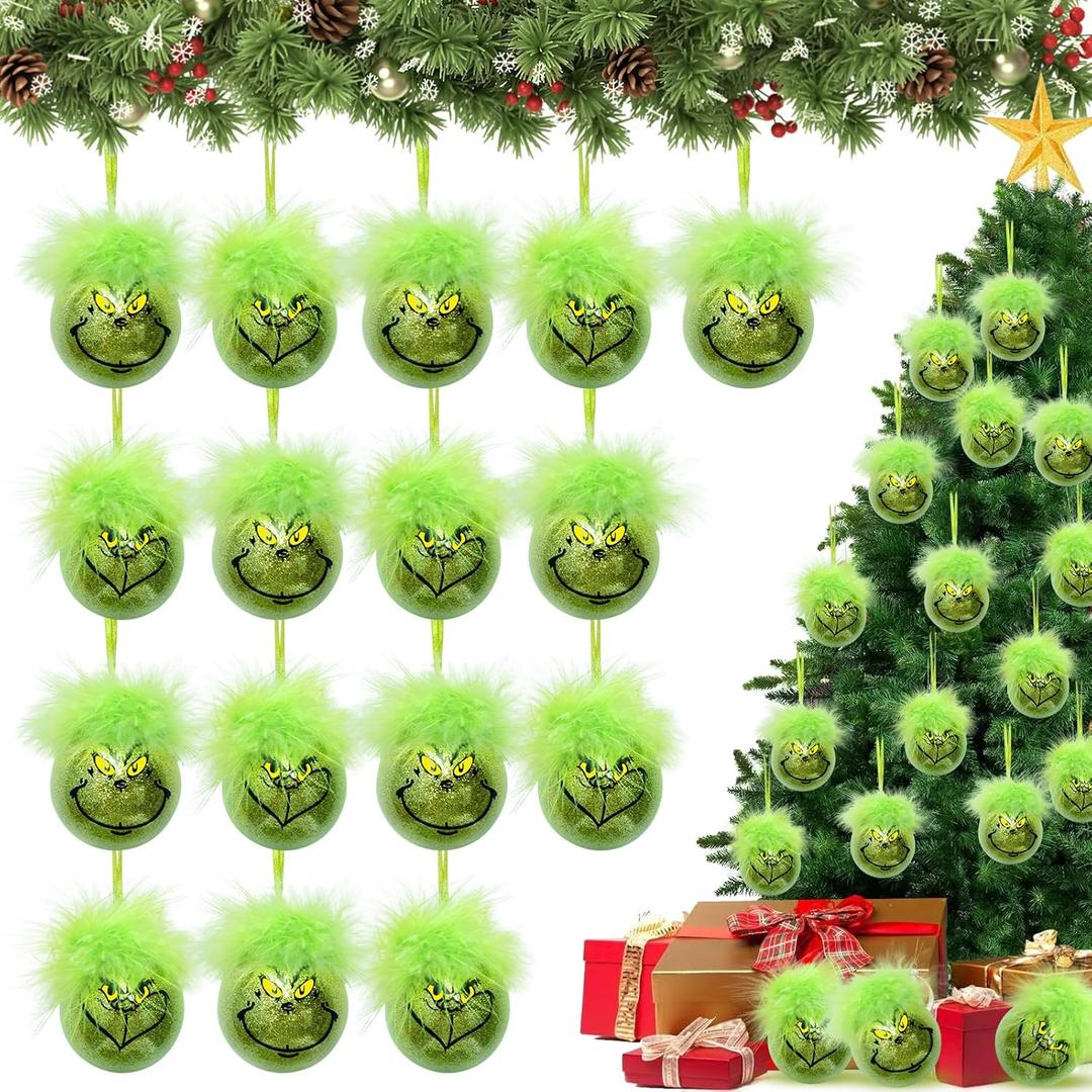 16Pcs Green Christmas Tree Ornaments Balls with Fuzzy Hair, Christmas Tree Balls Ornaments Decorations for Xmas Home Tree Dcor