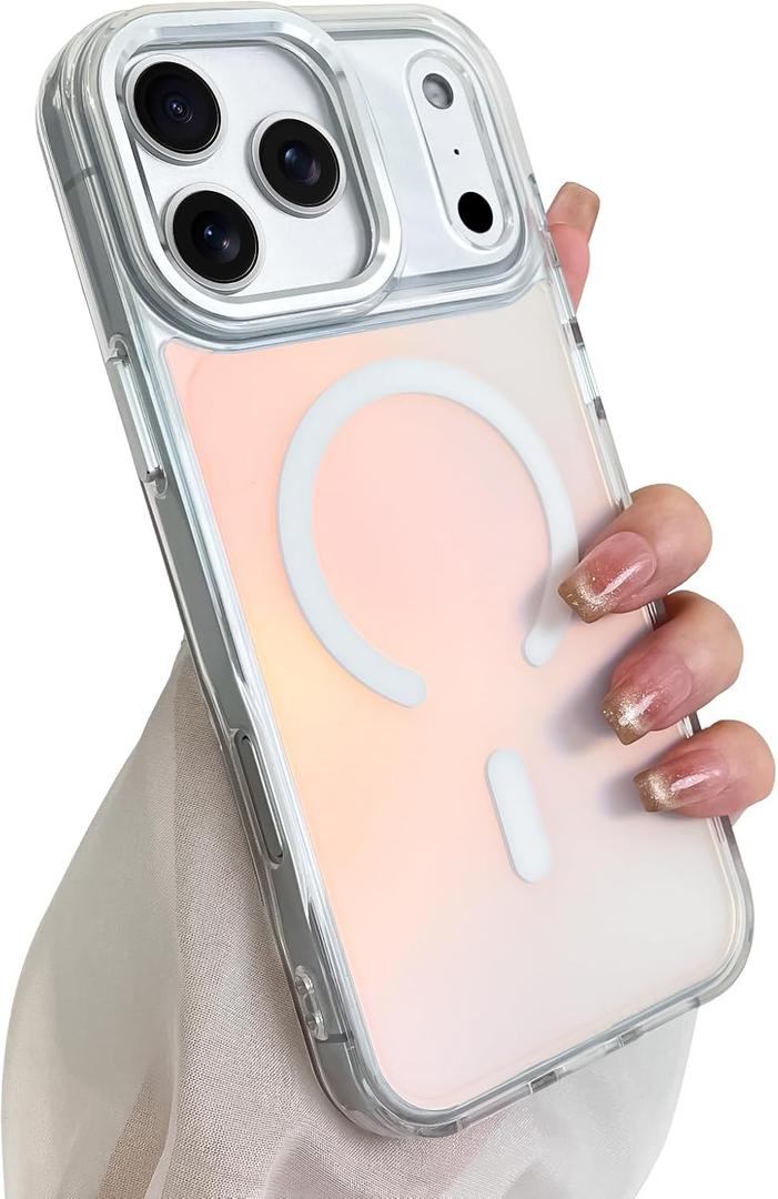 SAKUULO Magnetic Case for iPhone 17 Pro Max Compatible with Magsafe, Bling Laser Iridescent Florescent Crystal Sparkly Luxury Shockproof Protective Cover for Women Men, White