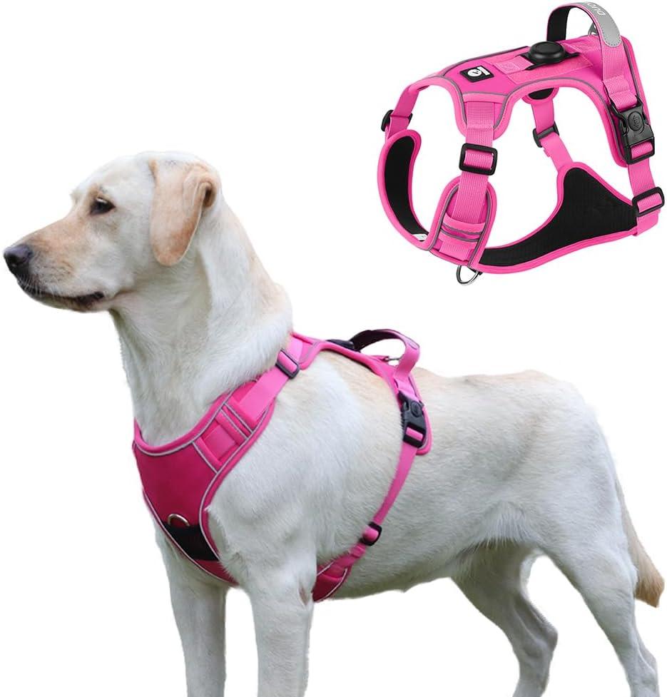 Pink Dog Harness with Airtag Holder, No-Pull Tactical Service Dogs Vest with Handle, Escape Proof Freedom Outdoor Easy Walk Jacket with Back Front Clip for Small Medium Large Breeds,M