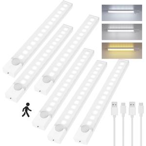 Under Cabinet Lighting 8 Inches Rechargeable Motion Sensor Light Indoor, 3 Color Dimmable Closet Light Battery Operated, USB Stick on LED Magnetic Under Counter Lights for Kitchen Stair, 6 Packs