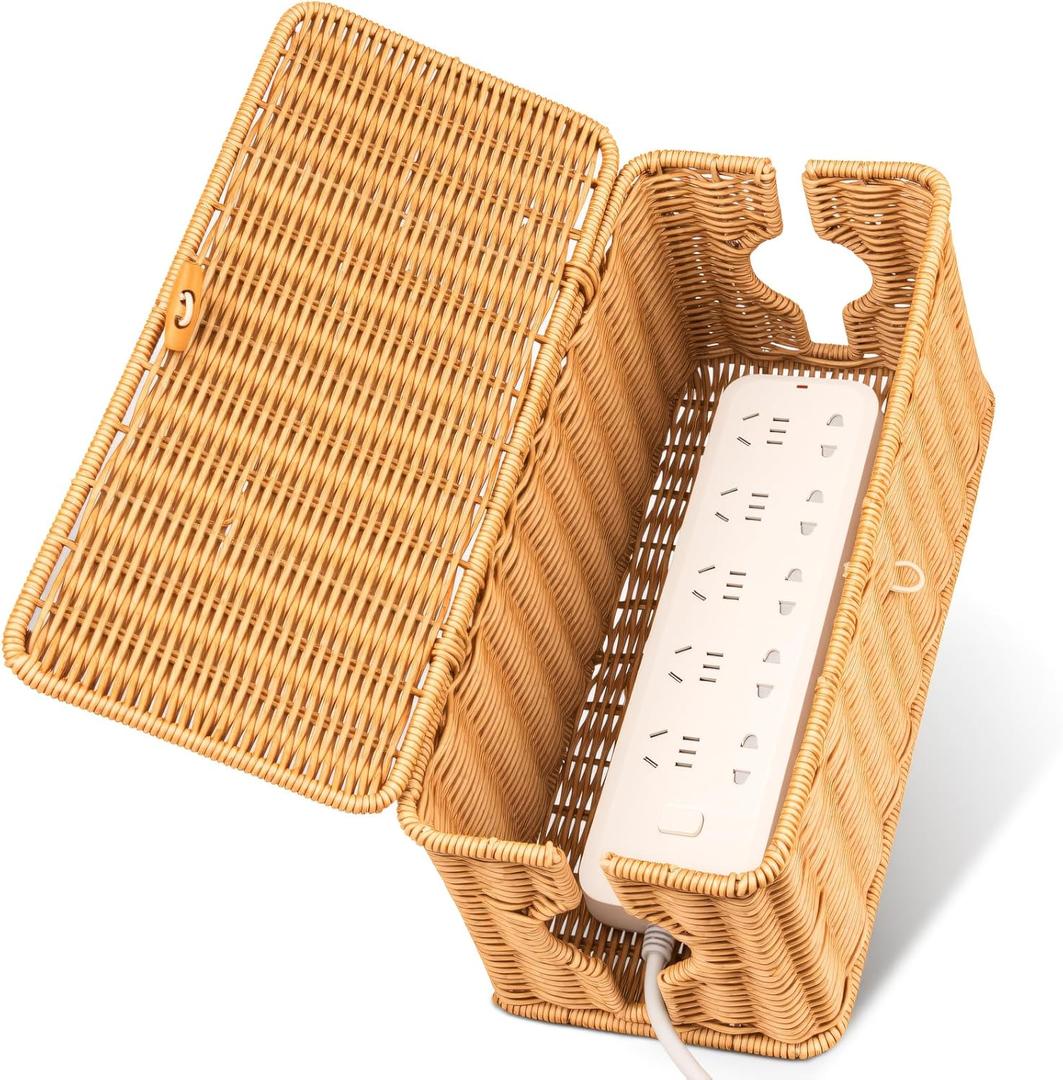 Cable Organzier Box, Handwoven Imitation Rattan Power Strip Cover Cable Management Box, 2 Open Slots Cord Organizer Cord Storage Basket for Computer Router USB Hub and Power Strip (Medium, Nature)