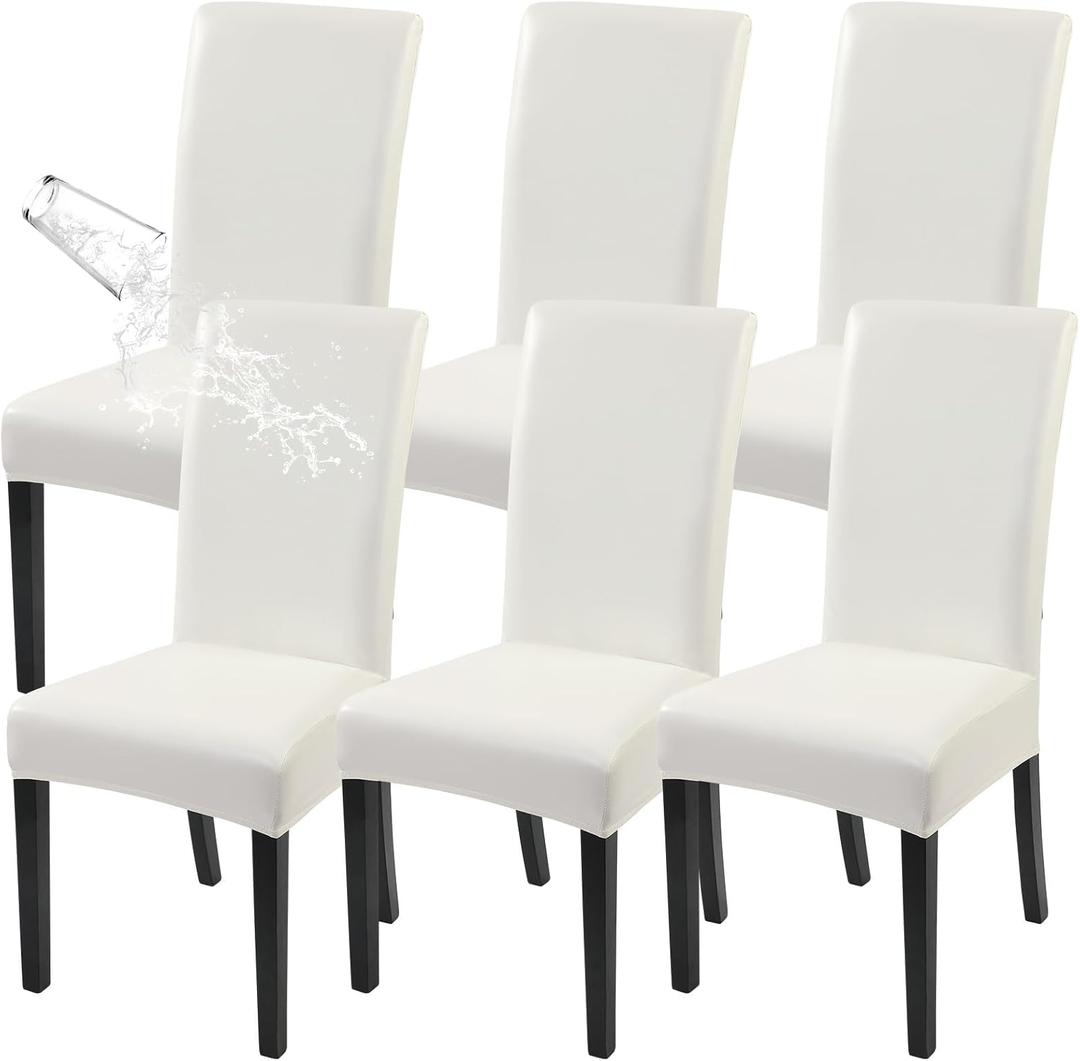SearchI Waterproof PU Leather Dining Chair Covers Set of 6, Stretch Oilproof Parsons Chair Slipcovers Removable Washable Kitchen Chair Protector for Dining Room (Cream)