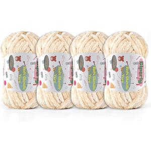 4 Skeins Fluffy Chenille Yarn for Crocheting - Chunky Velvet Yarn for Scarves Shawls, Baby Blankets, Hats Plush Toys, Plush Yarns Each Skein 49.2yd, 3.5oz (Creamy White)