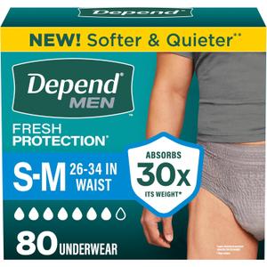 Depend Fresh Protection Adult Diapers, Incontinence Underwear for Men, Disposable, Maximum, Small/Medium, Grey, 80 Count (2 Packs of 40)