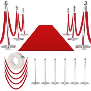 8Pcs Stanchions and Velvet Ropes, Silver Stanchions with Retractable Belts, Crowd Control Barriers with Hollow Base, Red Carpet Ropes and Posts for Event & Party Supplies
