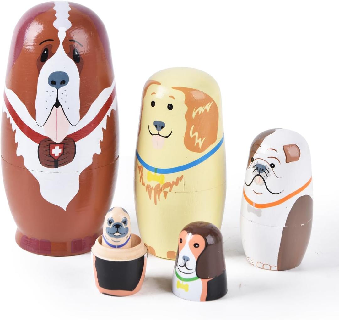 Nesting Dolls, 5Pcs 6" Tall Russian Nesting Dolls, Handmade Matryoshka for Kids, Wooden Stacking Toys for Christmas Home Wedding Party Decorations (Dog)