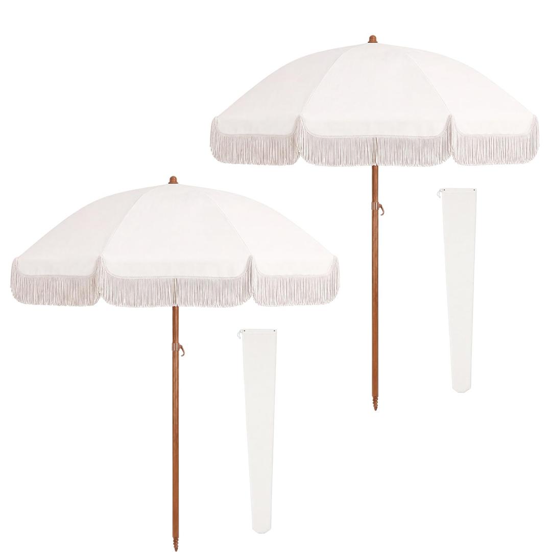 Klyyo Clyro 2 Pcs 7ft Boho Beach Patio Umbrella with Fringe, Beige