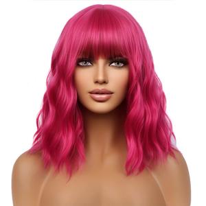 Hot Pink Wigs for Women Short Curly Wavy Pink Wig for Girls Short Bob Wig With Bangs Heat Resistant Synthetic Wigs for Cosplay Costume Party(Rose Red wig) Hot Pink Wigs for Women Short Curly Wavy Pink Wig for Girls Short Bob Wig With Bangs Heat Resistant Synthetic Wigs for Cosplay Costume Party(Rose Red wig)