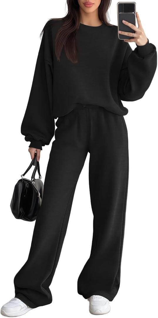 Women's 2 Piece Outfits Set Fleece Lined Lounge Sweatsuit Crewneck Pullover Top Wide Leg Pants Casual Tracksuit (Medium, Black)