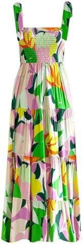kinstell Women's Summer Boho Spaghetti Strap Square Neck Ruffle Casual Flowy Long Dress Beach Swing Party Maxi Dress, Size M-L, A Purple Floral