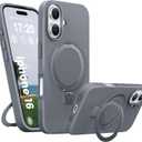 Liquid Silicone Case for iPhone 16 with Magnetic Ring Stand, Military Grade Shockproof Protection, Anti-Scratch Microfiber Lining Covers for iPhone 16, Grey