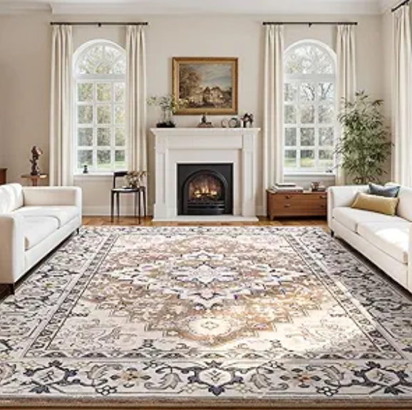 Lessymo 8 x 10 Area Rugs for Living Room- Machine Washable Area Rugs Boho Faux Wool Low Pile Area Rug for Bedroom, Floral Medallion Vintage Rugs with Non-Slip Rubber, Kid & Pet Friendly, Brown Beige 
