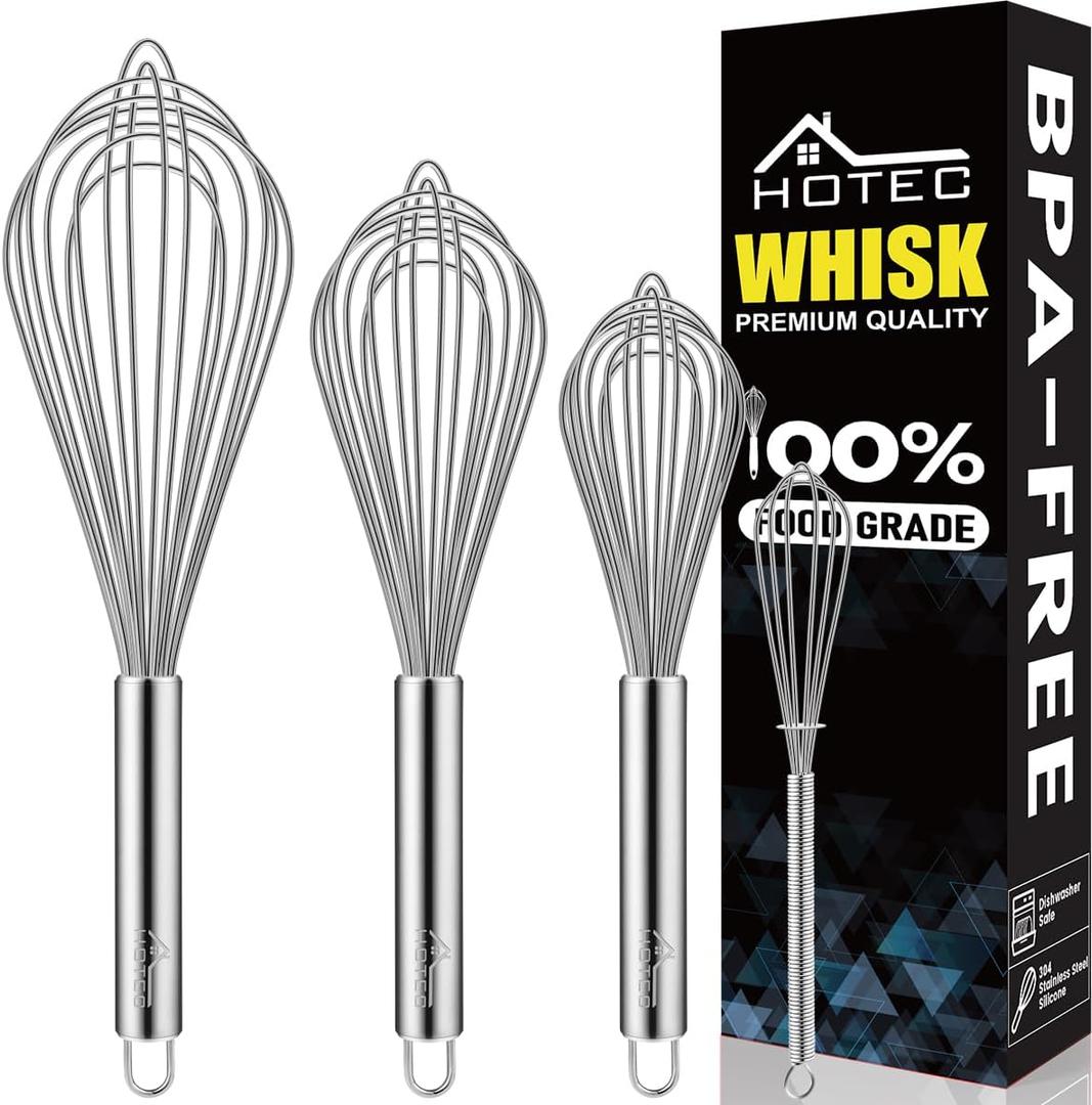 HOTEC 4 Pieces Stainless Steel Whisks Set Wire Whisk Balloon Whisk Egg Beater Kitchen Utensils for Stirring, Beating, Blending (Clear)