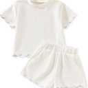 Aalizzwell 3T Girl Clothes Toddler Summer Scalloped Short Sleeve T Shirt Shorts Outfit 3-4T White
