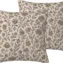 Vintage Floral Antique Decorative Throw Pillow Covers 18x18 Inch Set of 2, Flower Block Print Linen Square Pillow Cases for Farmhouse Couch Bed Sofa Chair Living Room Indoor Outdoor Decor