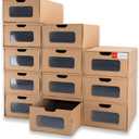 Shoe Boxes Cardboard, 12 Pack, Big Size, Waterproof, Heavy Duty, Stackable Shoe Storage Boxes, with Marking Labels, Transparent Window, 13.8" L x 9.3" W x 5.3" H