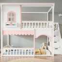 NCKMYB House Bunk Bed with Storage Stairs and Side Bookshelf, Full Size Loft Bed, White + Pink